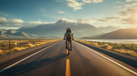 man on a bicycle riding alone on asphalt road highwayの素材