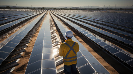 photovoltaic solar panel farm worker  engineer portrait on a sunny day in uniformの素材