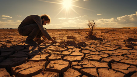 Man alone digging earth in the arid desert ground on sunny hot dayの素材