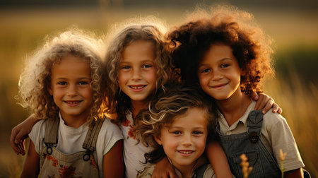 Group of happy children portrait smiling outside together on a sunny dayの素材