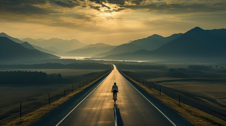 man on a bicycle riding alone on asphalt road highwayの素材