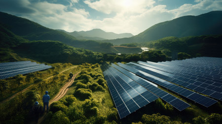 photovoltaic solar panel farm worker  engineer portrait on a sunny day in uniformの素材