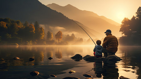 old man and child fishing on a lake from pier at sunriseの素材
