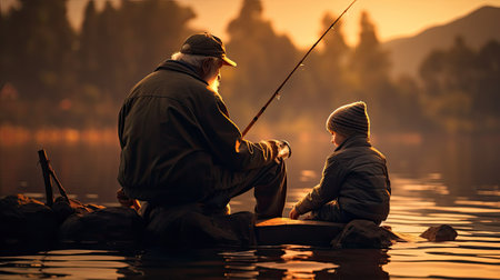 old man and child fishing on a lake from pier at sunriseの素材