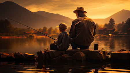 old man and child fishing on a lake from pier at sunriseの素材