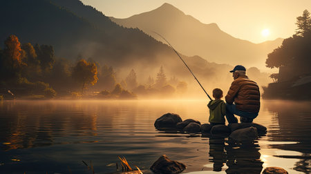 old man and child fishing on a lake from pier at sunriseの素材