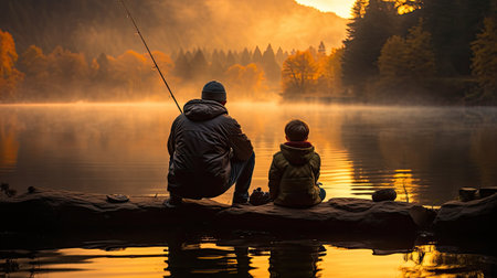 old man and child fishing on a lake from pier at sunriseの素材