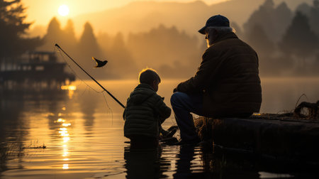 old man and child fishing on a lake from pier at sunriseの素材