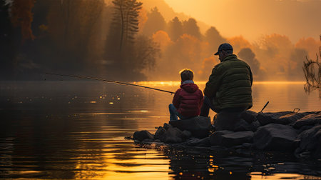 old man and child fishing on a lake from pier at sunriseの素材