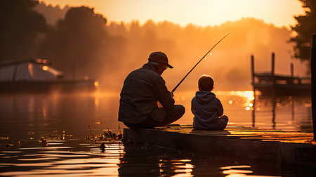old man and child fishing on a lake from pier at sunriseの素材