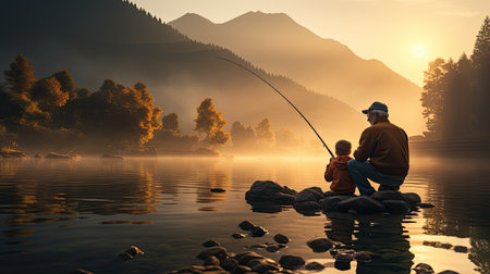 old man and child fishing on a lake from pier at sunriseの素材