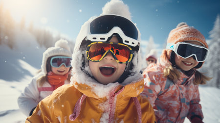 group of children on a ski slope in winter with snow having funの素材