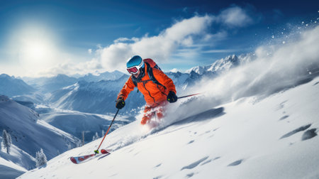 group of skiers on a mountain in winter with snow going down the slope on a sunny dayの素材