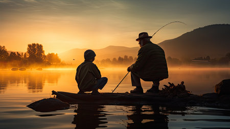 old man and child fishing on a lake from pier at sunriseの素材