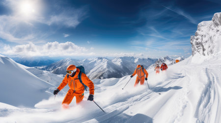 group of skiers on a mountain in winter with snow going down the slope on a sunny dayの素材
