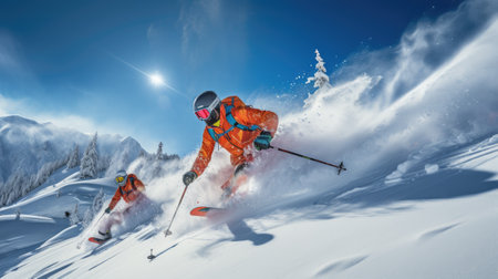group of skiers on a mountain in winter with snow going down the slope on a sunny dayの素材