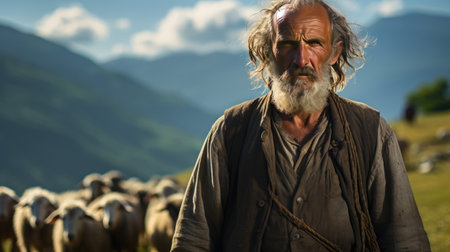 shepard man portrait with many sheep in the background lookingの素材