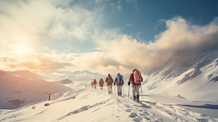 group of skiers on a mountain in winter with snow going down the slope on a sunny dayの素材