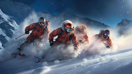 group of skiers on a mountain in winter with snow going down the slope on a sunny dayの素材