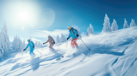 group of skiers on a mountain in winter with snow going down the slope on a sunny dayの素材