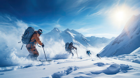 group of skiers on a mountain in winter with snow going down the slope on a sunny dayの素材