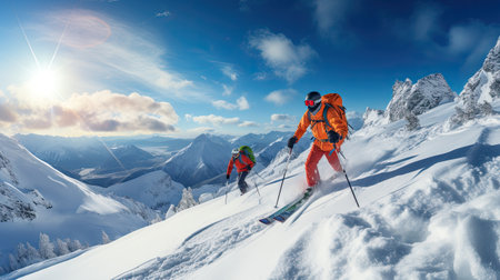 group of skiers on a mountain in winter with snow going down the slope on a sunny dayの素材