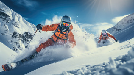 group of skiers on a mountain in winter with snow going down the slope on a sunny dayの素材
