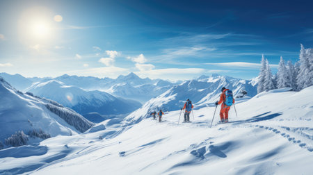 group of skiers on a mountain in winter with snow going down the slope on a sunny dayの素材