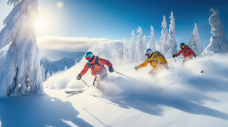 group of skiers on a mountain in winter with snow going down the slope on a sunny dayの素材