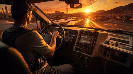 portrait of truck driver  man in cabin driving holding steering wheelの素材