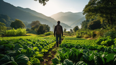 man in ecological green vegetable garden landscapeの素材