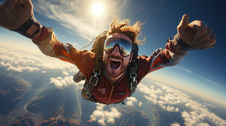 extreme man skydiving and flying in air above cloudsの素材