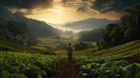 man in ecological green vegetable garden landscapeの素材