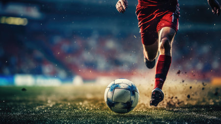 football player leg hitting ball on stadium grassの素材