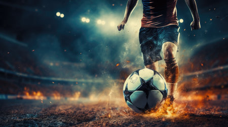 football player leg hitting ball on stadium grassの素材