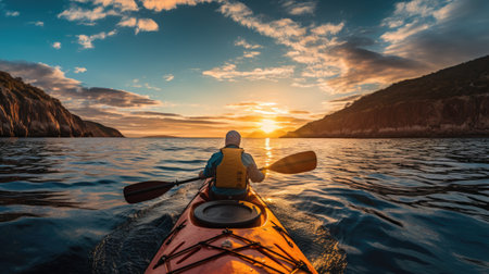 man in kayak rowing with paddle at sea during sunset aloneの素材