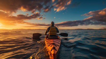 man in kayak rowing with paddle at sea during sunset aloneの素材