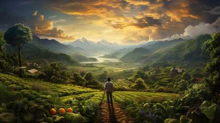 man in ecological green vegetable garden landscapeの素材