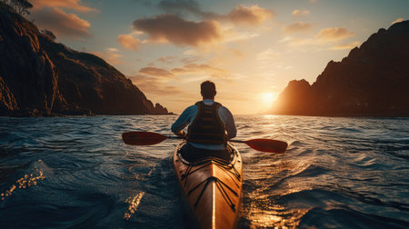 man in kayak rowing with paddle at sea during sunset aloneの素材