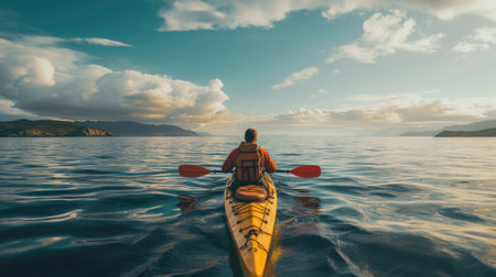 man in kayak rowing with paddle at sea during sunset aloneの素材
