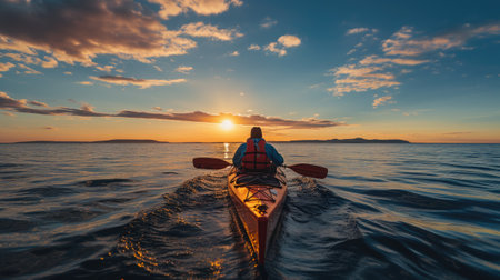 man in kayak rowing with paddle at sea during sunset aloneの素材
