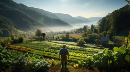 man in ecological green vegetable garden landscapeの素材