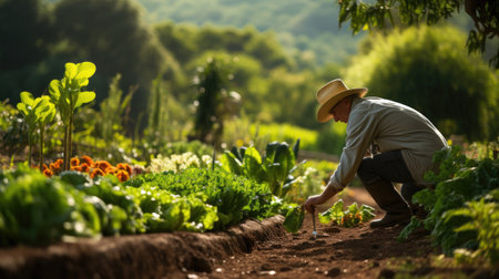 man in ecological green vegetable garden landscapeの素材