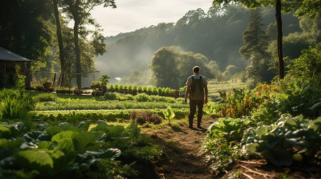 man in ecological green vegetable garden landscapeの素材