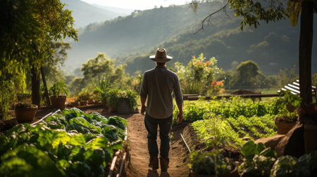 man in ecological green vegetable garden landscapeの素材