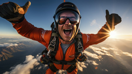 extreme man skydiving and flying in air above cloudsの素材