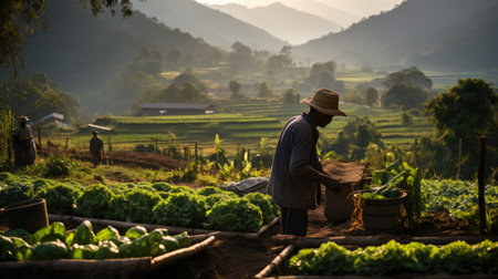 man in ecological green vegetable garden landscapeの素材