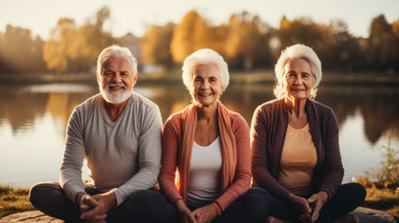 group of elderly retired people meditating doing yoga together outside relaxingの素材