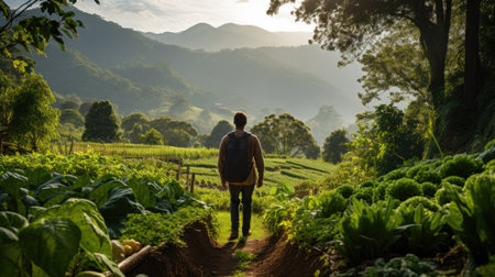 man in ecological green vegetable garden landscapeの素材