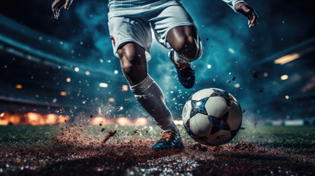 football player leg hitting ball on stadium grassの素材